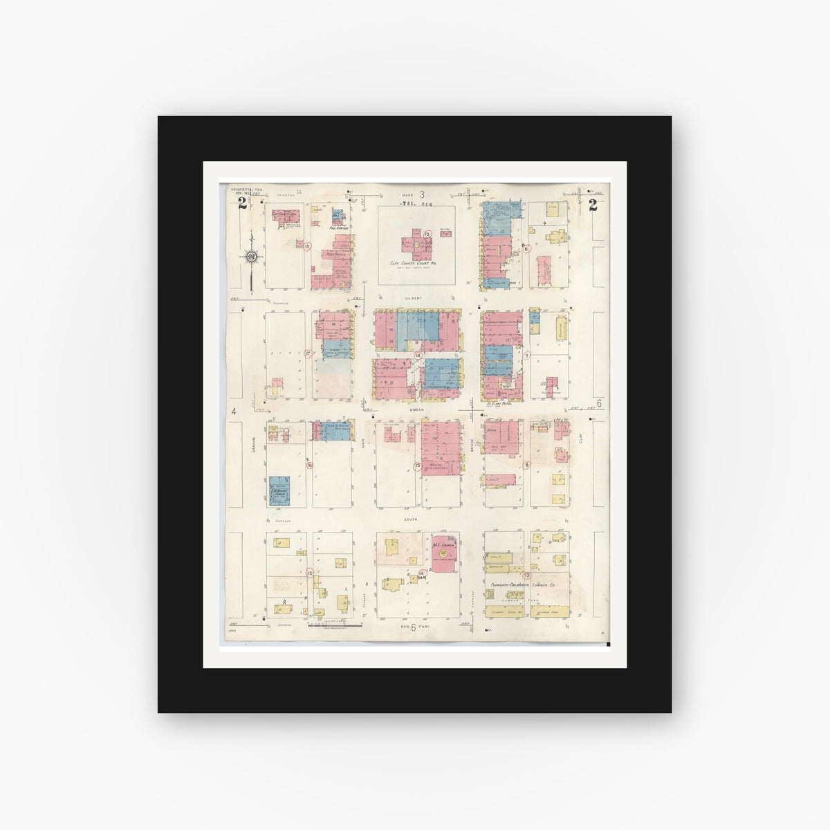 Old map wall art mockup — black gallery frame with white mat — Sanborn Fire Insurance Map from Henrietta, Clay County, Texas (1944), Sheet #0002