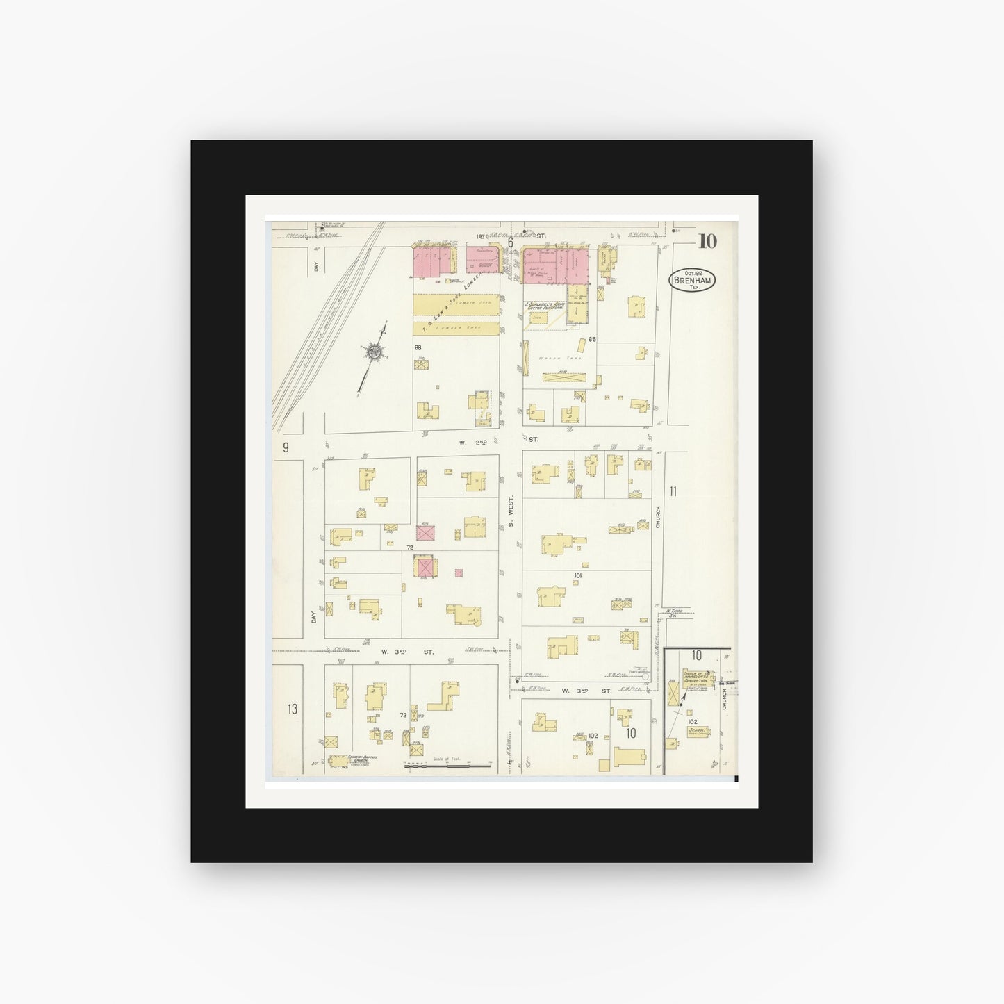 Old map wall art mockup — black gallery frame with white mat — Sanborn Fire Insurance Map from Brenham, Washington County, Texas (1912), Sheet #0010