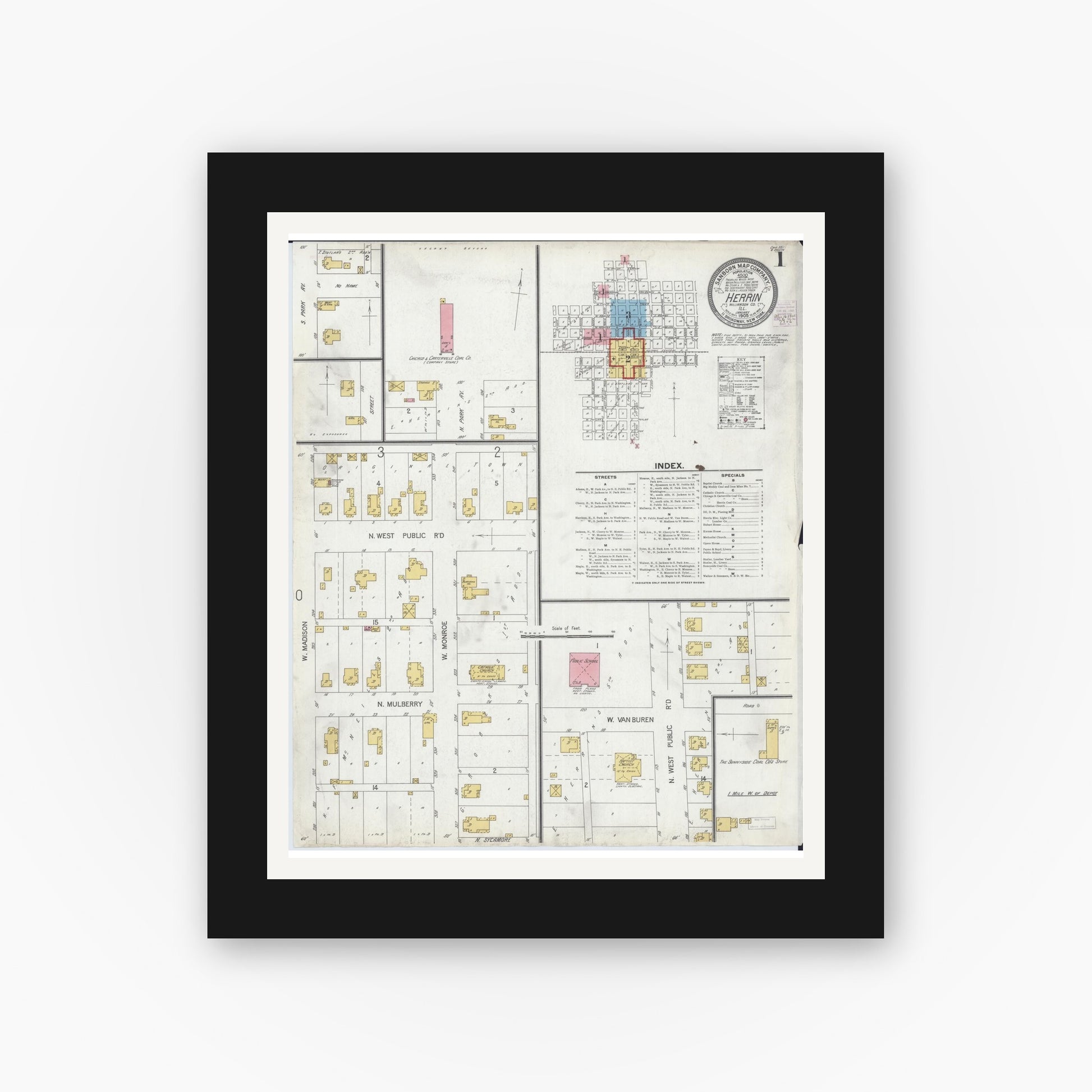 Old map wall art mockup — black gallery frame with white mat — Sanborn Fire Insurance Map from Herrin, Williamson County, Illinois (1905) - Complete Map Set