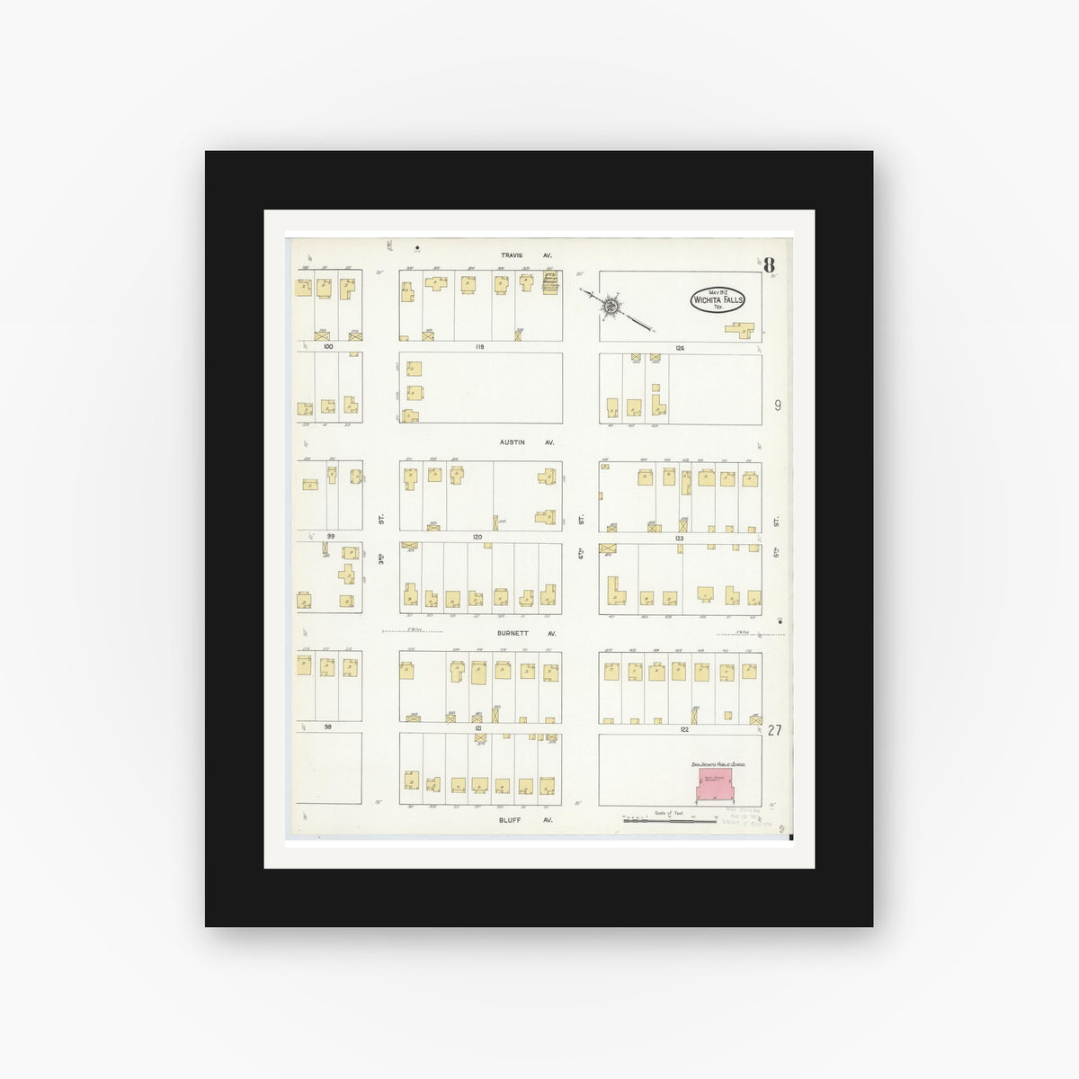 Old map wall art mockup — black gallery frame with white mat — Sanborn Fire Insurance Map from Wichita Falls, Wichita County, Texas (1912), Sheet #0008