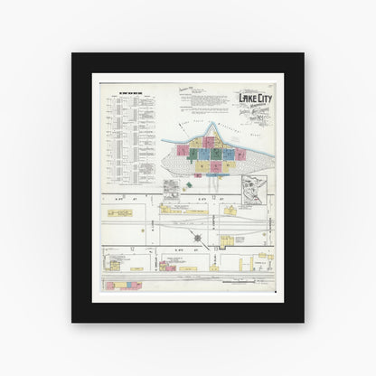 Old map wall art mockup — black gallery frame with white mat — Sanborn Fire Insurance Map from Lake City, Wabasha County, Minnesota (1921) - Complete Map Set