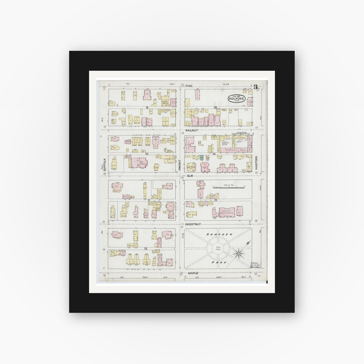 Old map wall art mockup — black gallery frame with white mat — Sanborn Fire Insurance Map from Holyoke, Hampden County, Massachusetts (1889), Sheet #0003