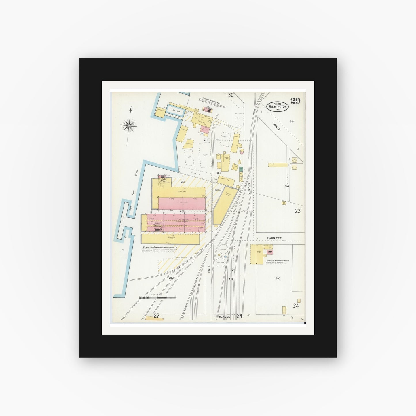 Old map wall art mockup — black gallery frame with white mat — Sanborn Fire Insurance Map from Wilmington, New Hanover County, North Carolina (1904), Sheet #0029