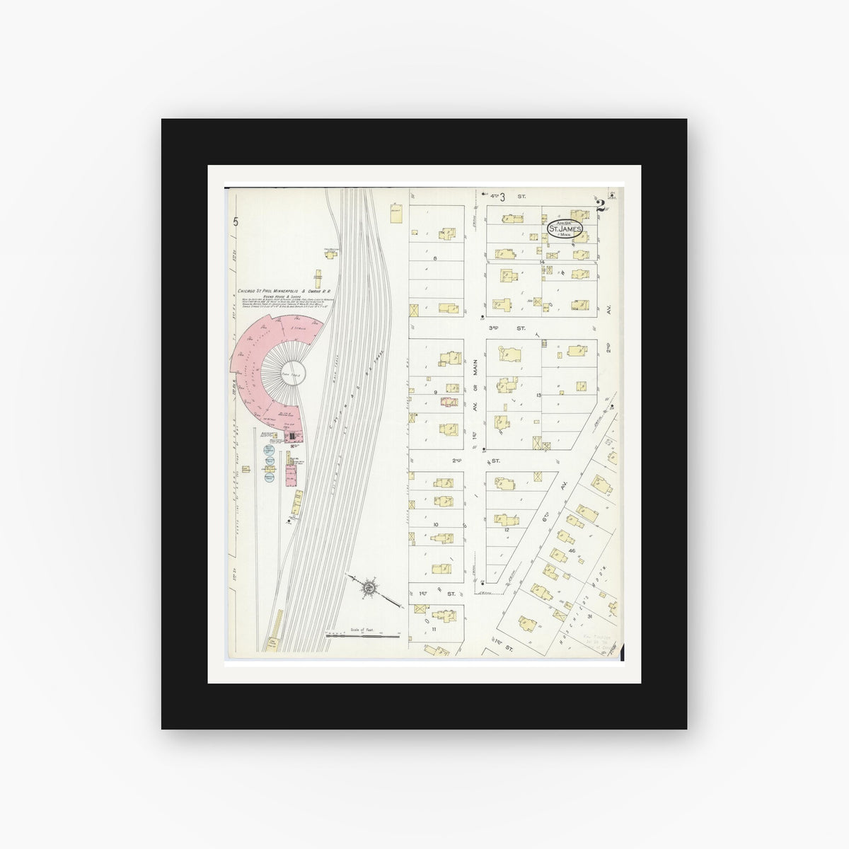 Old map wall art mockup — black gallery frame with white mat — Sanborn Fire Insurance Map from Saint James, Watonwan County, Minnesota (1914), Sheet #0002