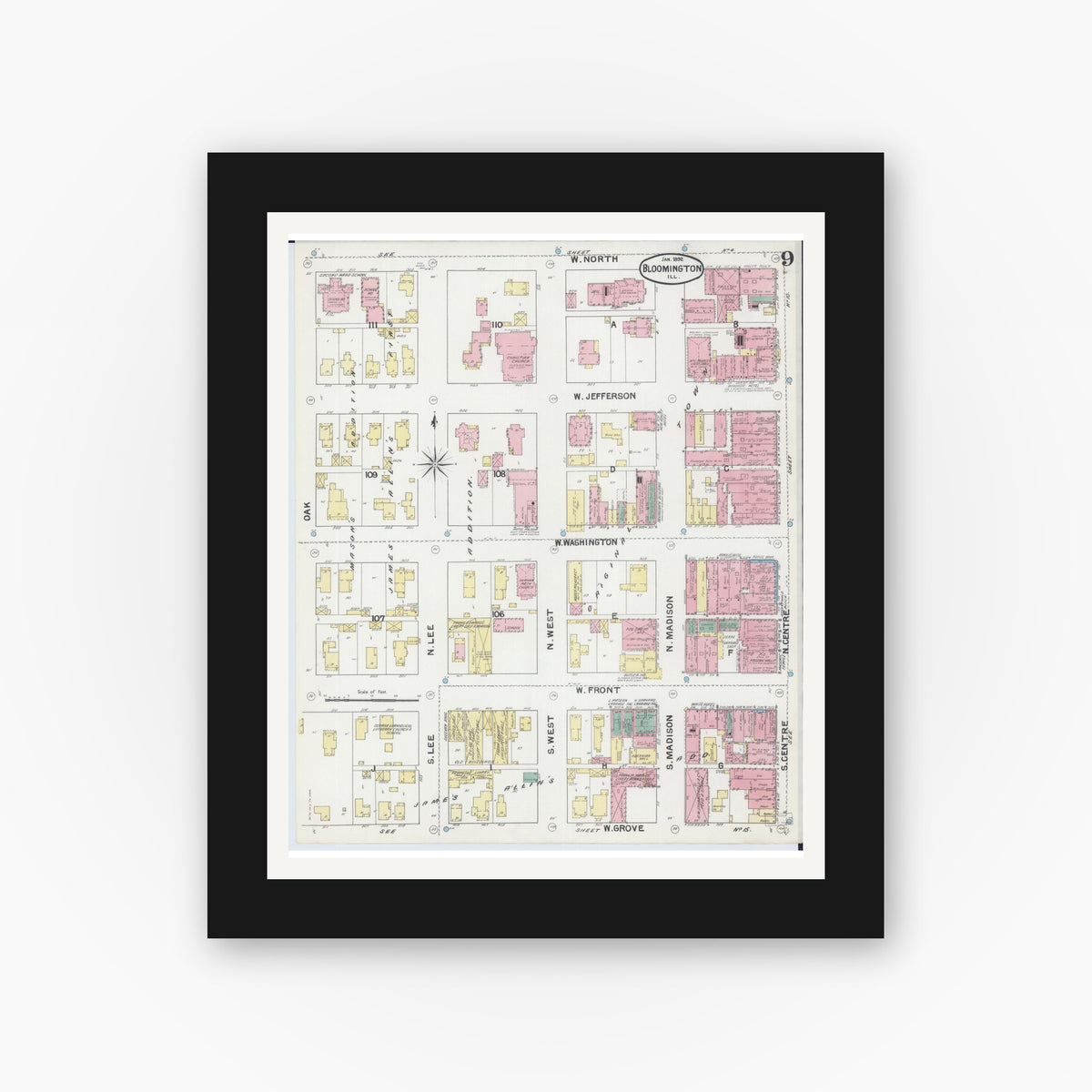 Old map wall art mockup — black gallery frame with white mat — Sanborn Fire Insurance Map from Bloomington, McLean County, Illinois (1892), Sheet #0009
