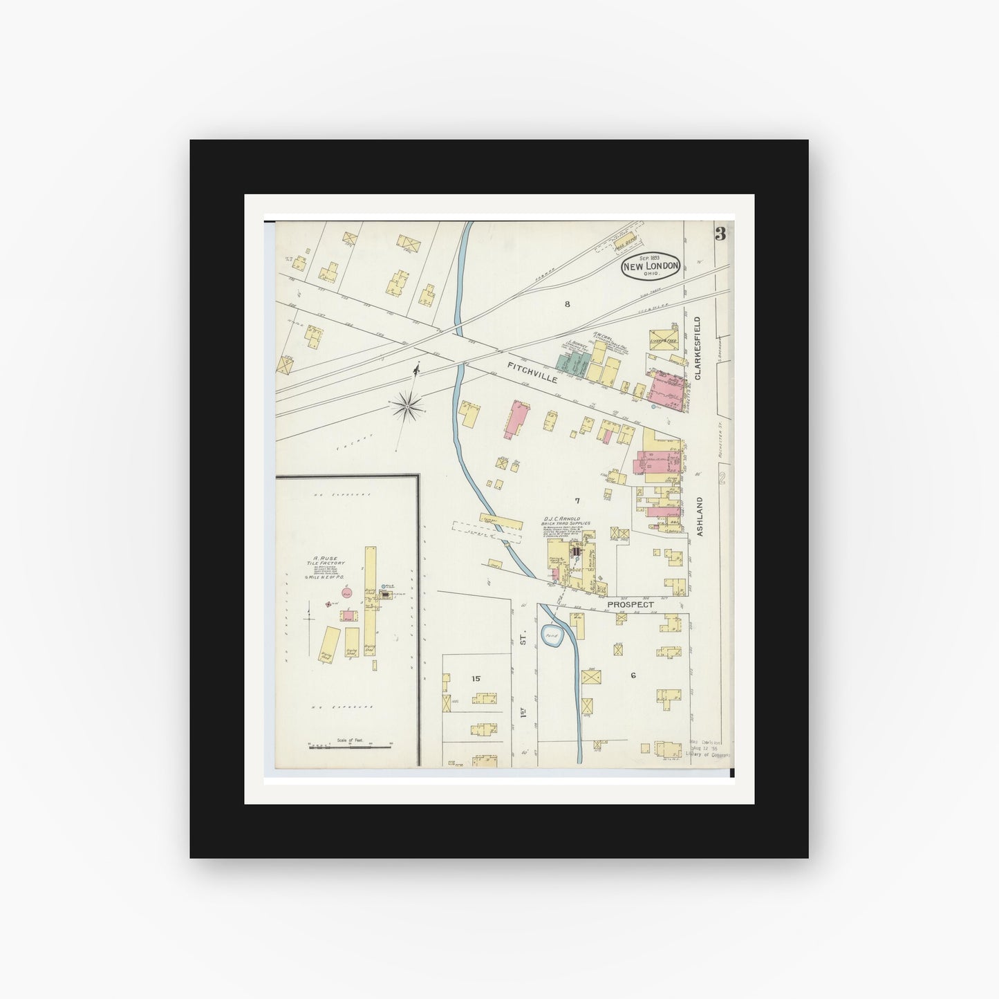Old map wall art mockup — black gallery frame with white mat — Sanborn Fire Insurance Map from New London, Huron County, Ohio (1893), Sheet #0003