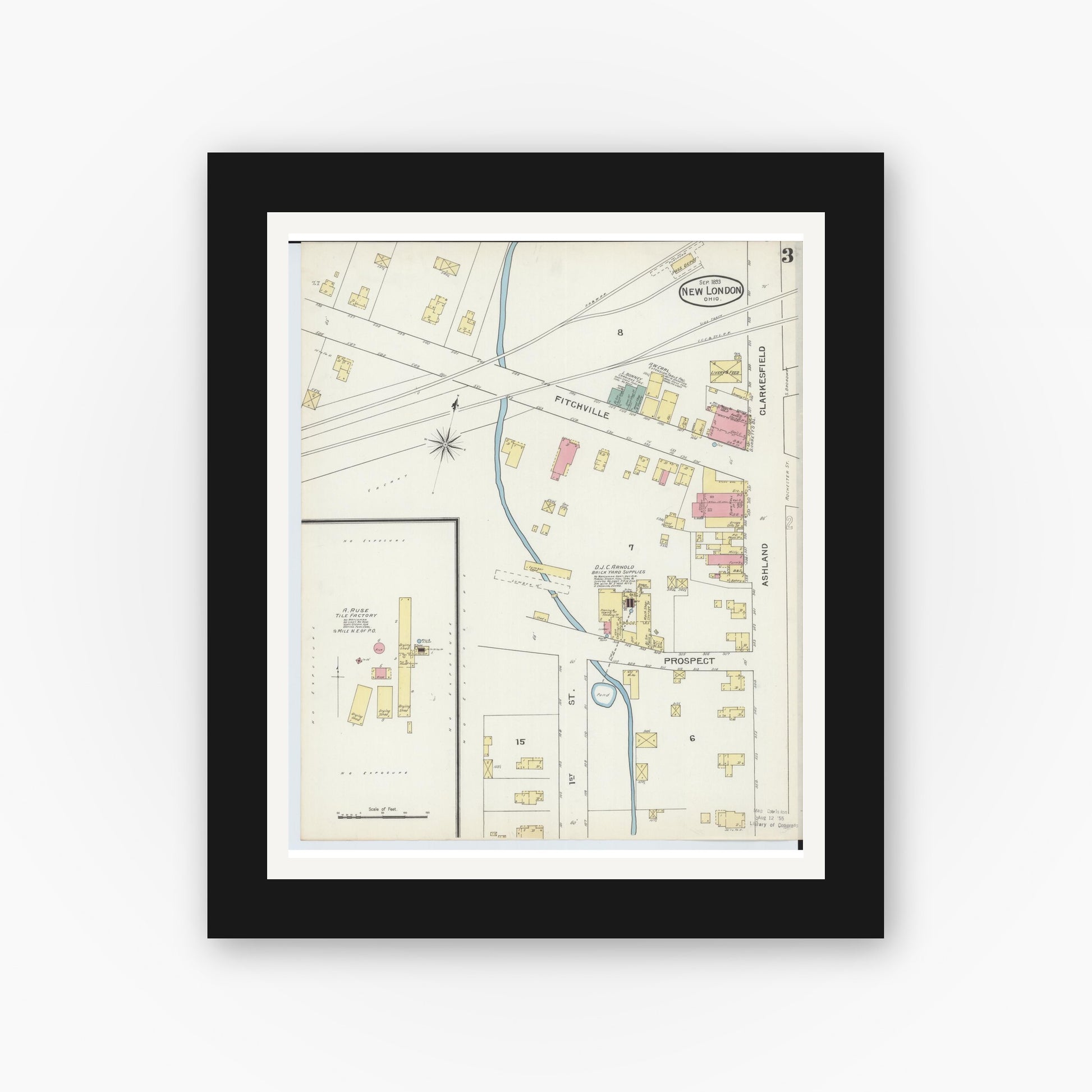 Old map wall art mockup — black gallery frame with white mat — Sanborn Fire Insurance Map from New London, Huron County, Ohio (1893), Sheet #0003