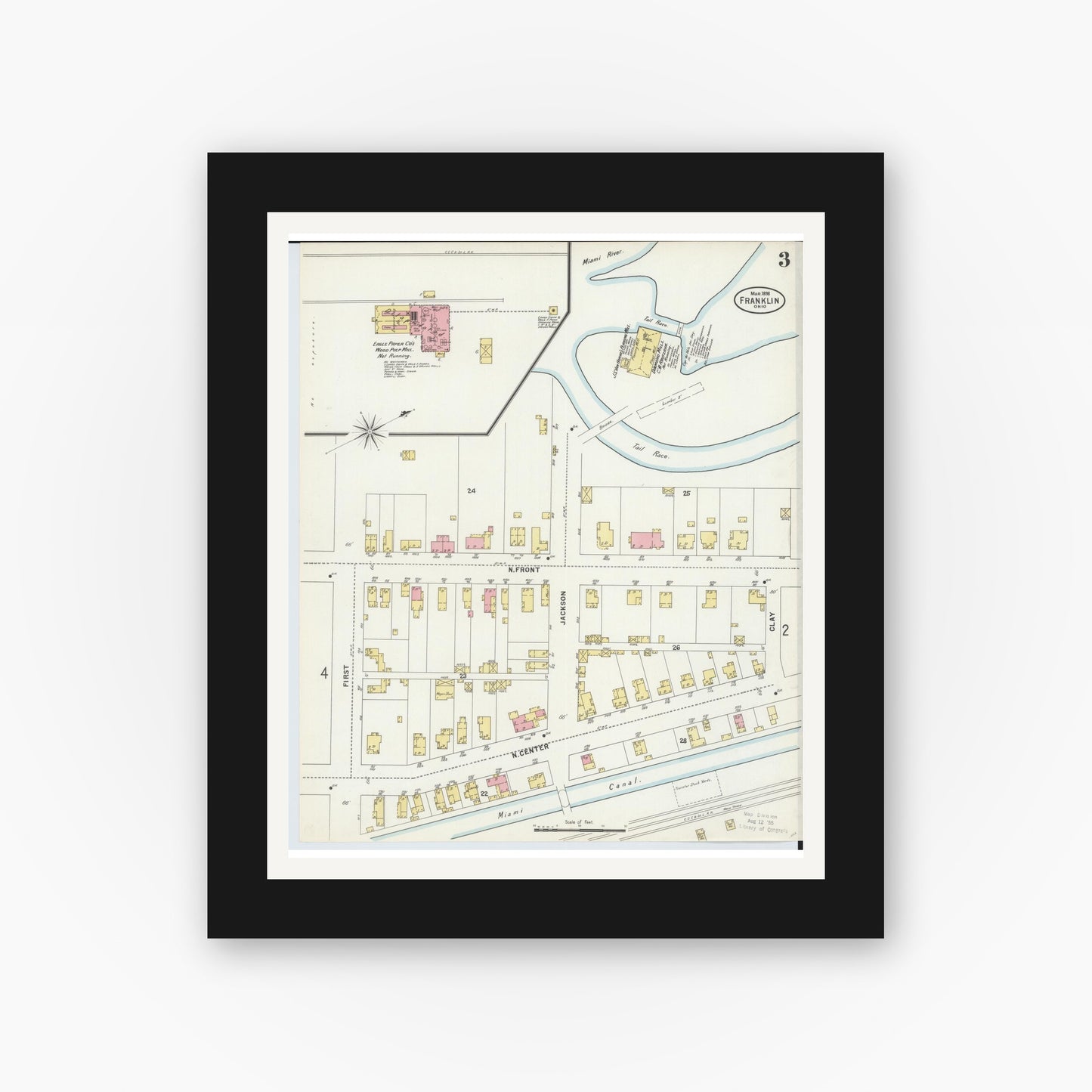 Old map wall art mockup — black gallery frame with white mat — Sanborn Fire Insurance Map from Franklin, Warren County, Ohio (1898), Sheet #0003