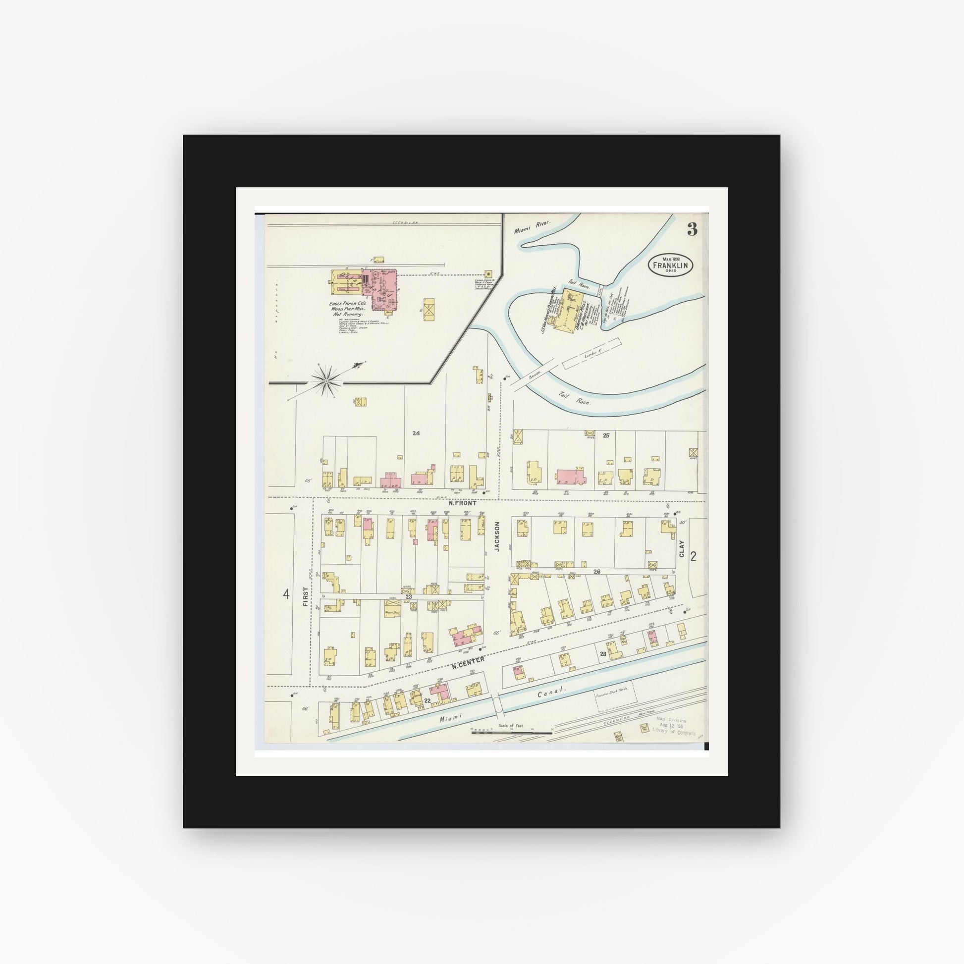 Old map wall art mockup — black gallery frame with white mat — Sanborn Fire Insurance Map from Franklin, Warren County, Ohio (1898), Sheet #0003