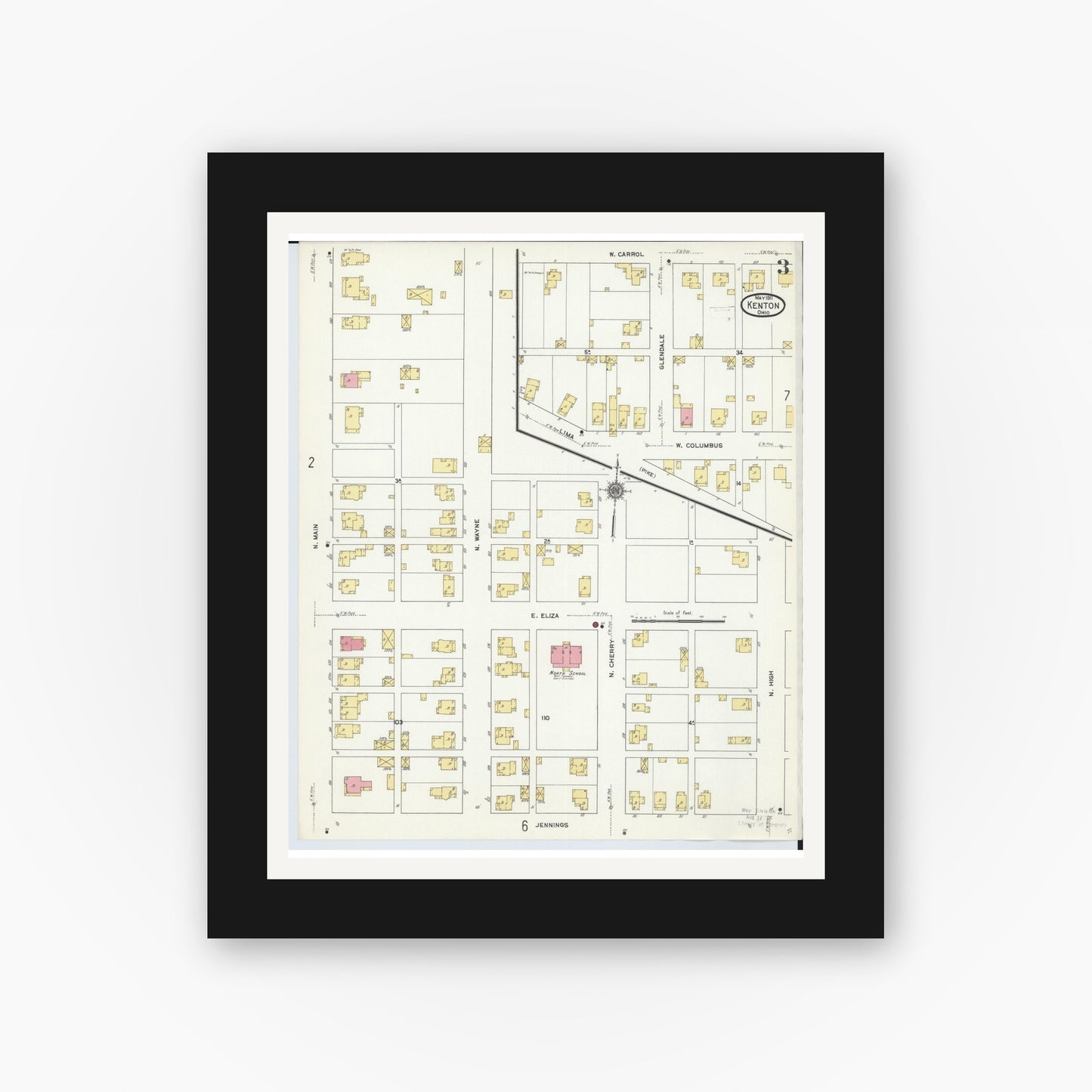 Old map wall art mockup — black gallery frame with white mat — Sanborn Fire Insurance Map from Kenton, Hardin County, Ohio (1911), Sheet #0003