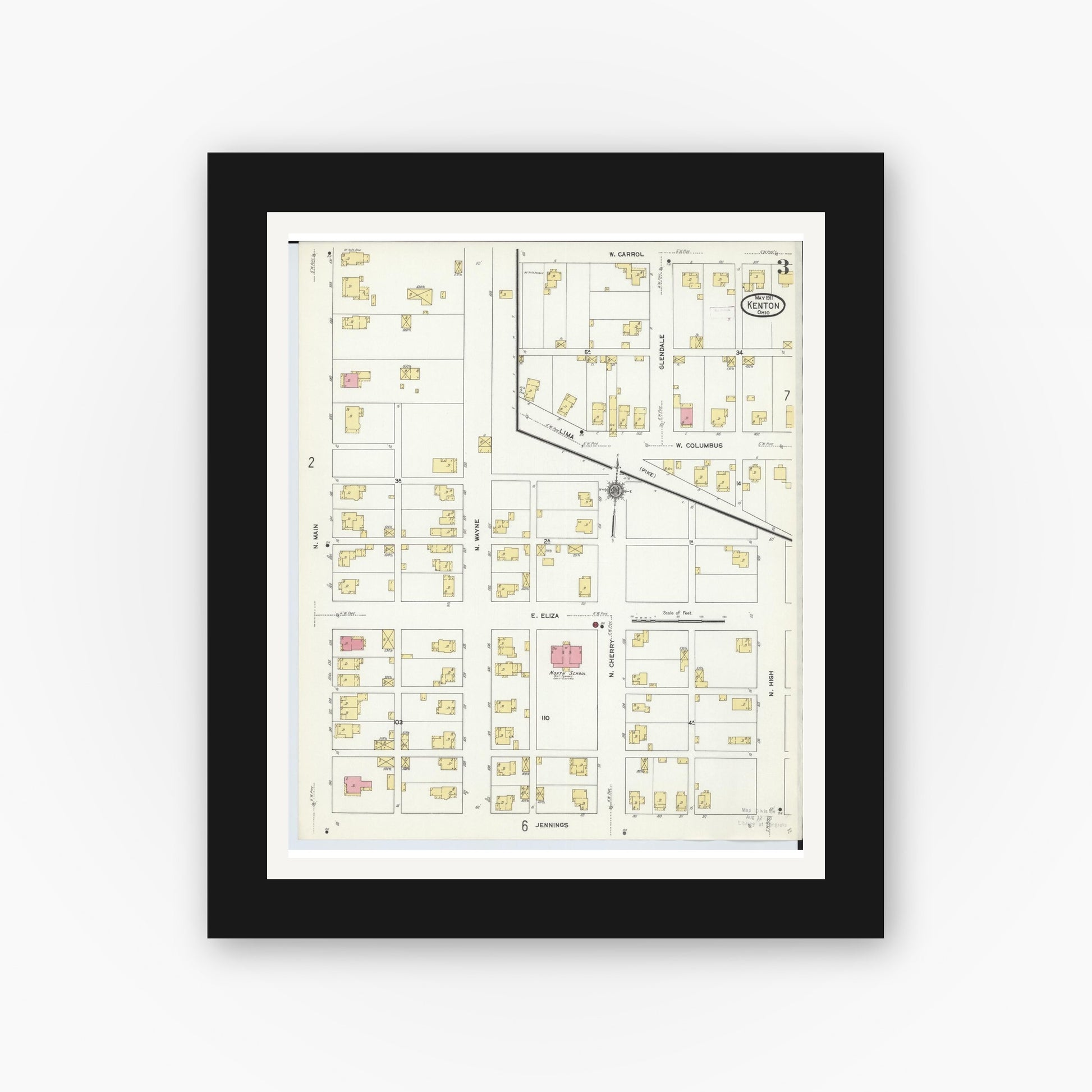 Old map wall art mockup — black gallery frame with white mat — Sanborn Fire Insurance Map from Kenton, Hardin County, Ohio (1911), Sheet #0003
