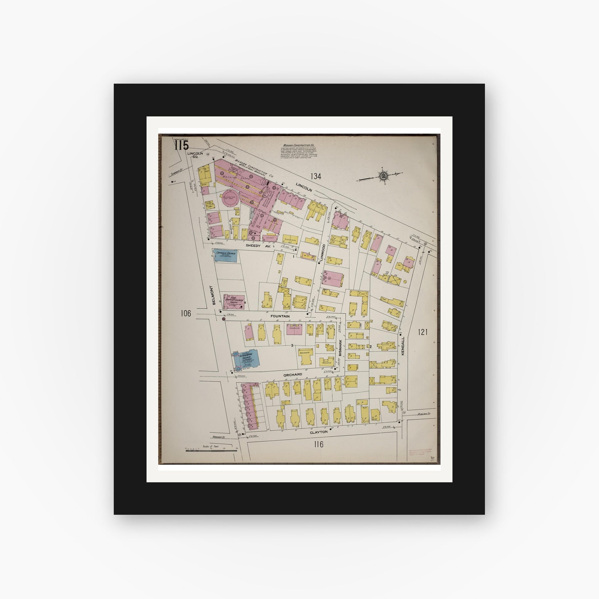 Old map wall art mockup — black gallery frame with white mat — Sanborn Fire Insurance Map from Worcester, Worcester County, Massachusetts (1910), Sheet #0115