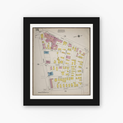 Old map wall art mockup — black gallery frame with white mat — Sanborn Fire Insurance Map from Worcester, Worcester County, Massachusetts (1910), Sheet #0115