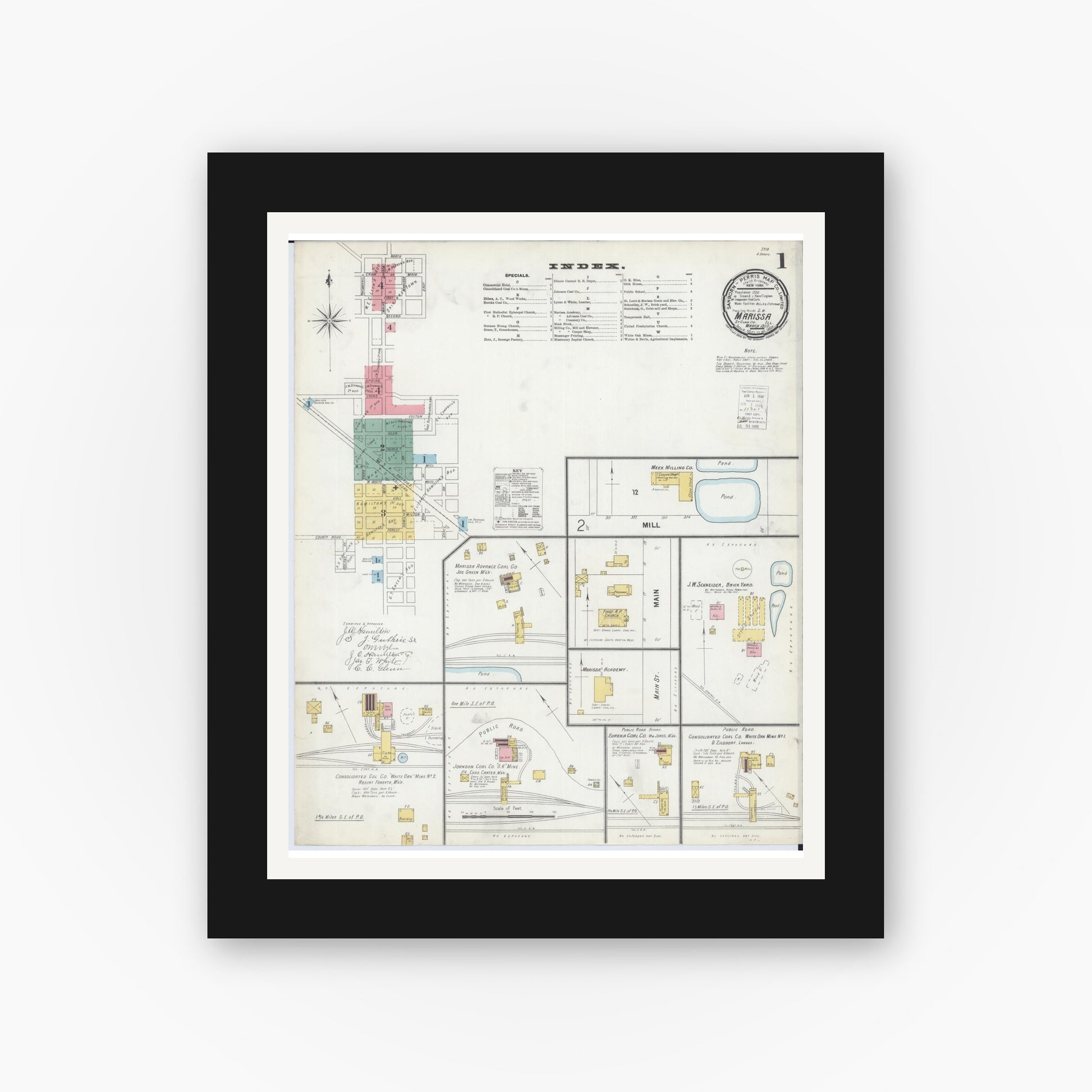 Old map wall art mockup — black gallery frame with white mat — Sanborn Fire Insurance Map from Marissa, Saint Clair County, Illinois (1900), Sheet #0001