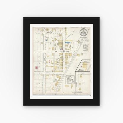 Old map wall art mockup — black gallery frame with white mat — Sanborn Fire Insurance Map from Wayland, Clark County, Missouri (1916), Sheet #0001