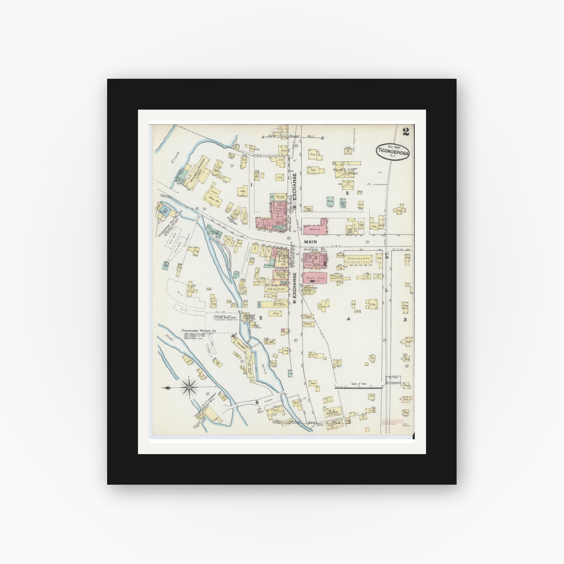 Old map wall art mockup — black gallery frame with white mat — Sanborn Fire Insurance Map from Ticonderoga, Essex County, New York (1890), Sheet #0002