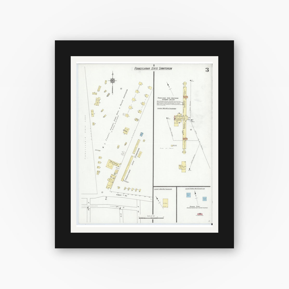 Old map wall art mockup — black gallery frame with white mat — Sanborn Fire Insurance Map from South Mountain, Franklin County, Pennsylvania (1910), Sheet #0003