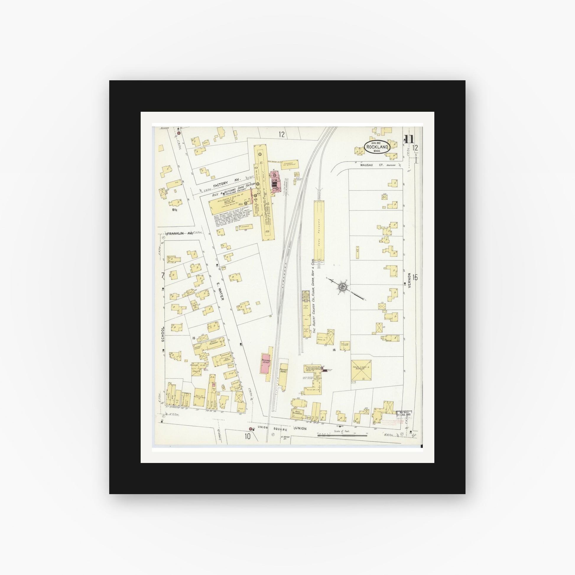 Old map wall art mockup — black gallery frame with white mat — Sanborn Fire Insurance Map from Rockland, Plymouth County, Massachusetts (1912), Sheet #0011
