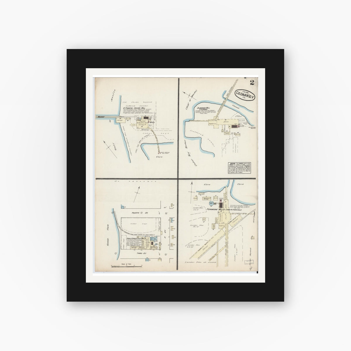 Old map wall art mockup — black gallery frame with white mat — Sanborn Fire Insurance Map from Cedar Key, Levy County, Florida (1884), Sheet #0002