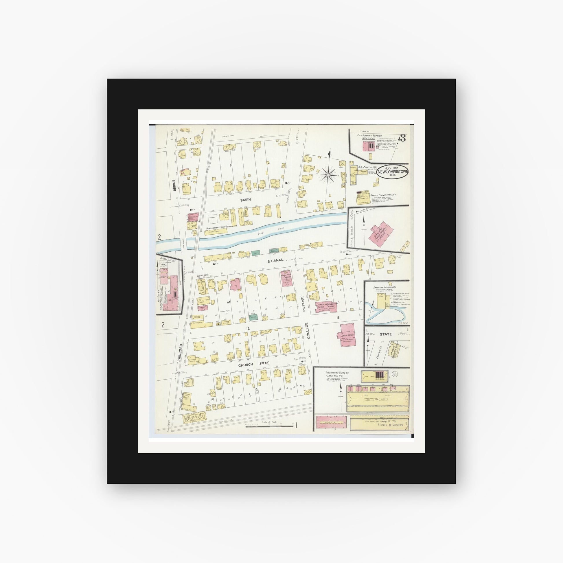 Old map wall art mockup — black gallery frame with white mat — Sanborn Fire Insurance Map from Newcomerstown, Tuscarawas County, Ohio (1907), Sheet #0003