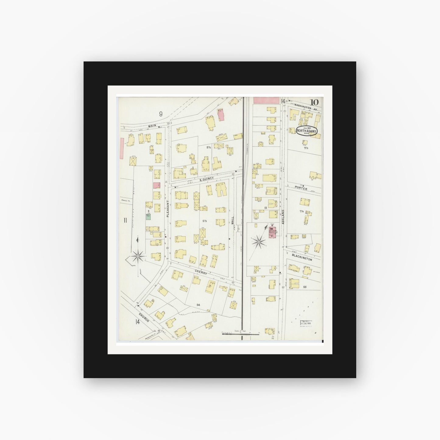 Old map wall art mockup — black gallery frame with white mat — Sanborn Fire Insurance Map from North Adams, Berkshire County, Massachusetts (1897), Sheet #0010