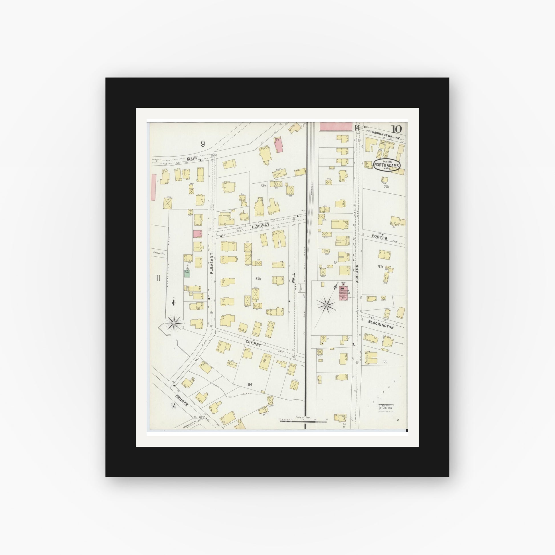 Old map wall art mockup — black gallery frame with white mat — Sanborn Fire Insurance Map from North Adams, Berkshire County, Massachusetts (1897), Sheet #0010