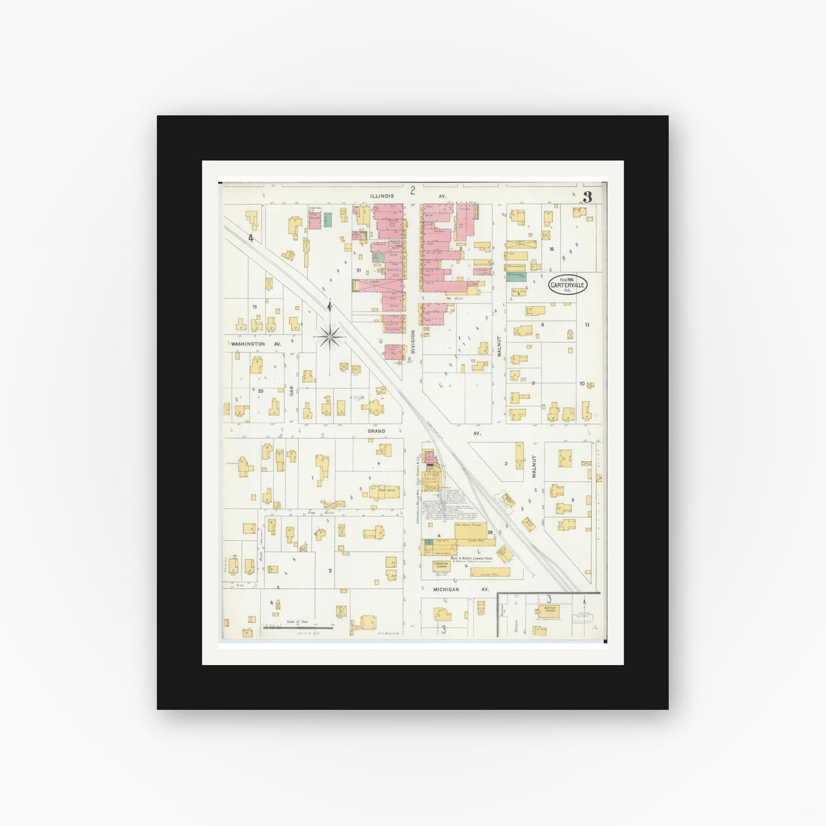 Old map wall art mockup — black gallery frame with white mat — Sanborn Fire Insurance Map from Carterville, Williamson County, Illinois (1906), Sheet #0003