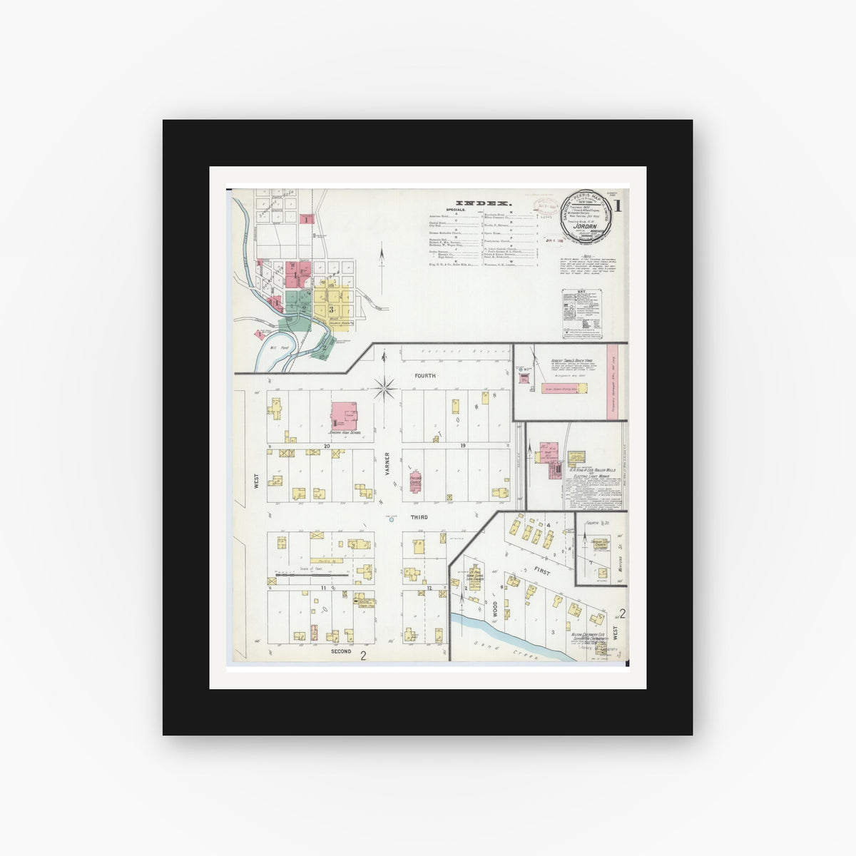 Old map wall art mockup — black gallery frame with white mat — Sanborn Fire Insurance Map from Jordan, Scott County, Minnesota (1899), Sheet #0001