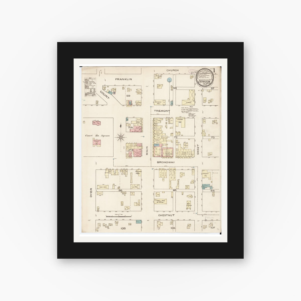 Old map wall art mockup — black gallery frame with white mat — Sanborn Fire Insurance Map from Denison, Crawford County, Iowa (1886) â€” Complete Set
