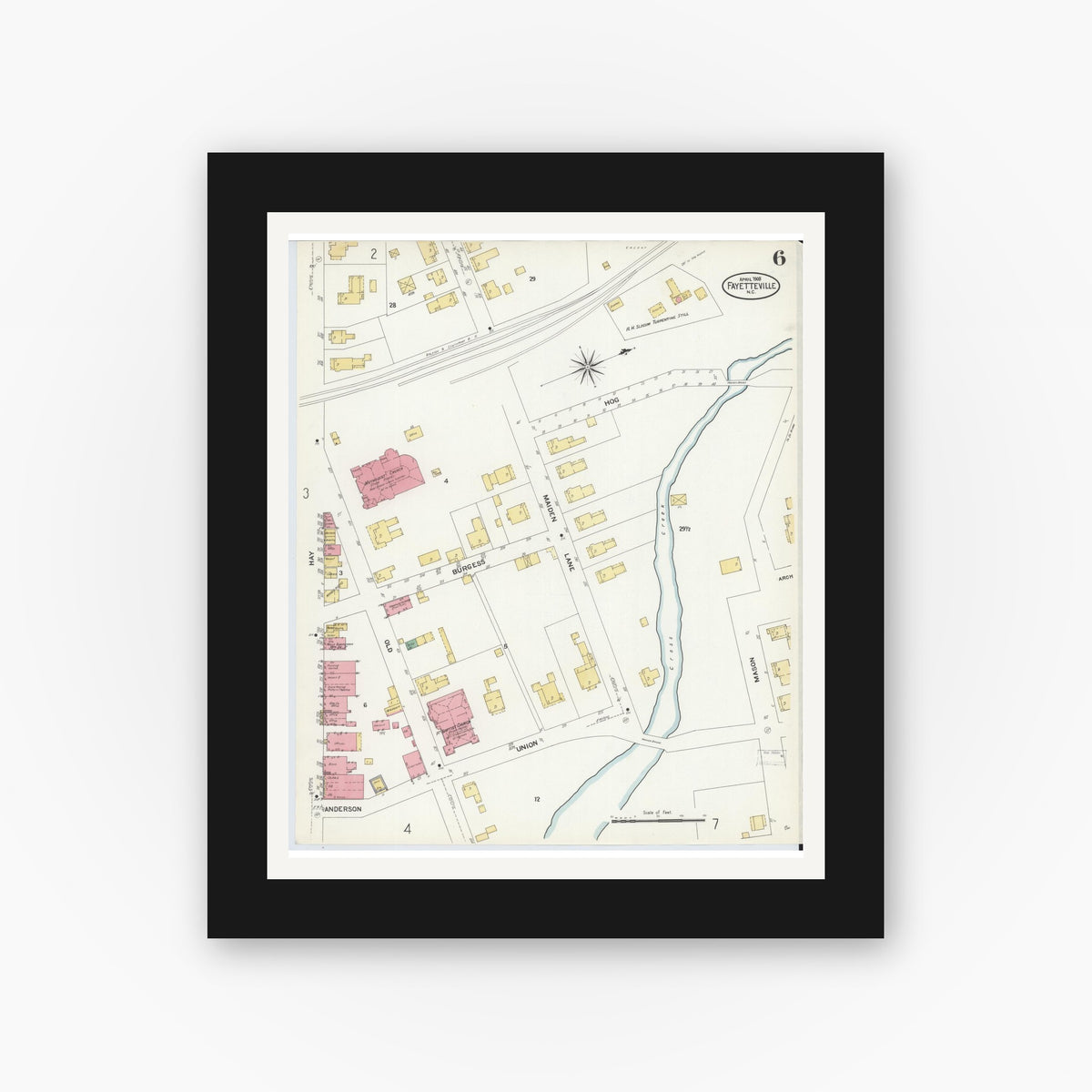 Old map wall art mockup — black gallery frame with white mat — Sanborn Fire Insurance Map from Fayetteville, Cumberland County, North Carolina (1908), Sheet #0006