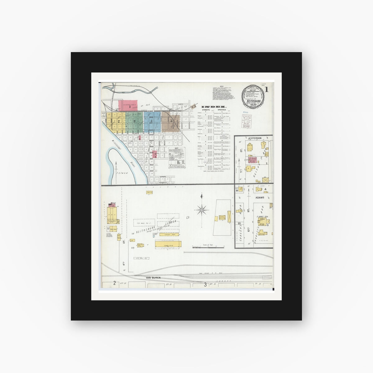 Old map wall art mockup — black gallery frame with white mat — Sanborn Fire Insurance Map from Keithsburg, Mercer County, Illinois (1900) - Complete Map Set