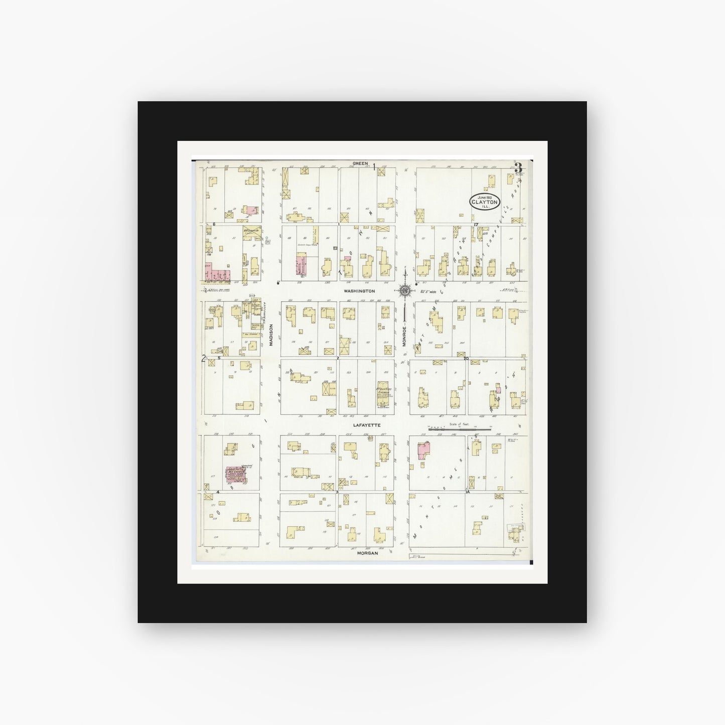 Old map wall art mockup — black gallery frame with white mat — Sanborn Fire Insurance Map from Clayton, Adams County, Illinois (1910), Sheet #0003