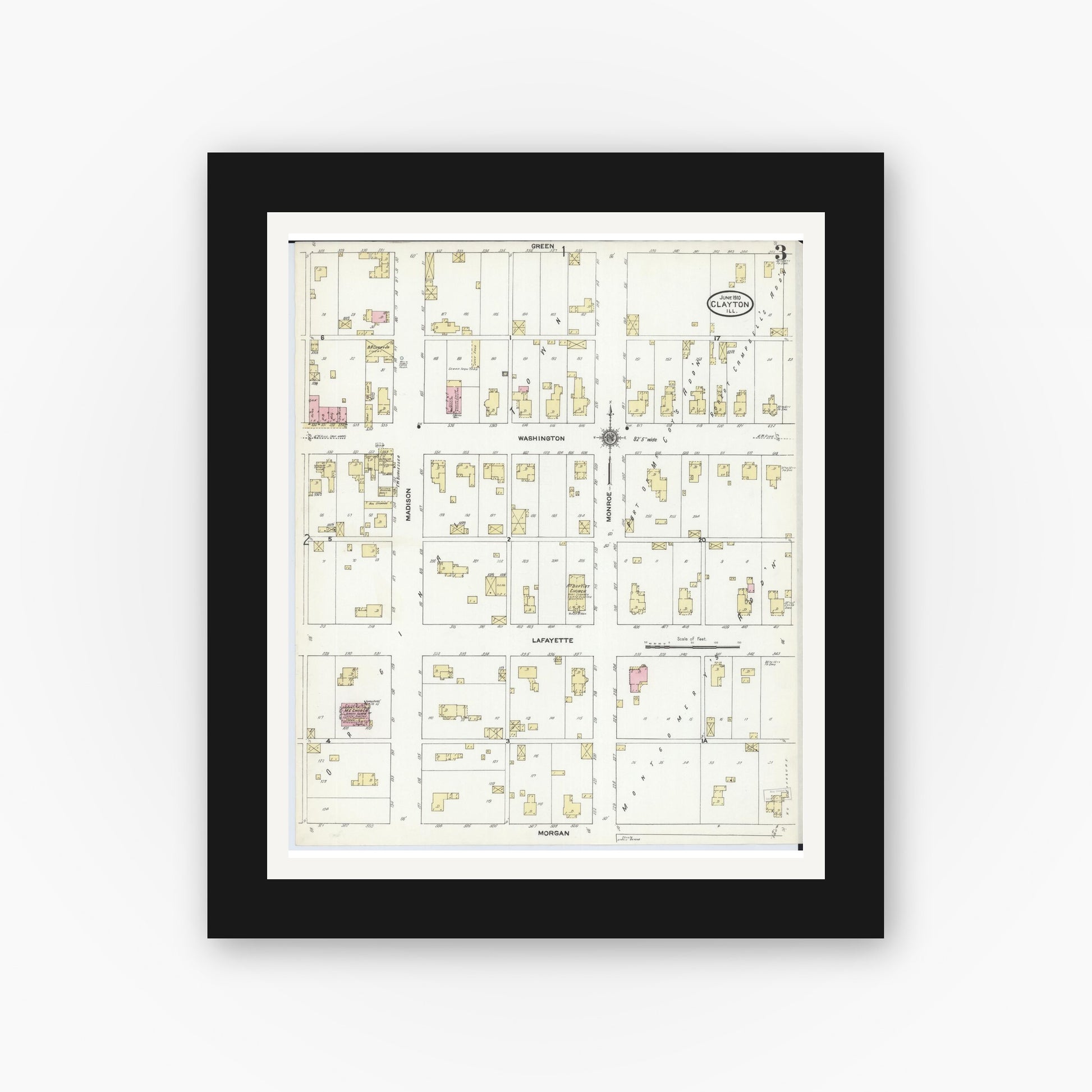 Old map wall art mockup — black gallery frame with white mat — Sanborn Fire Insurance Map from Clayton, Adams County, Illinois (1910), Sheet #0003