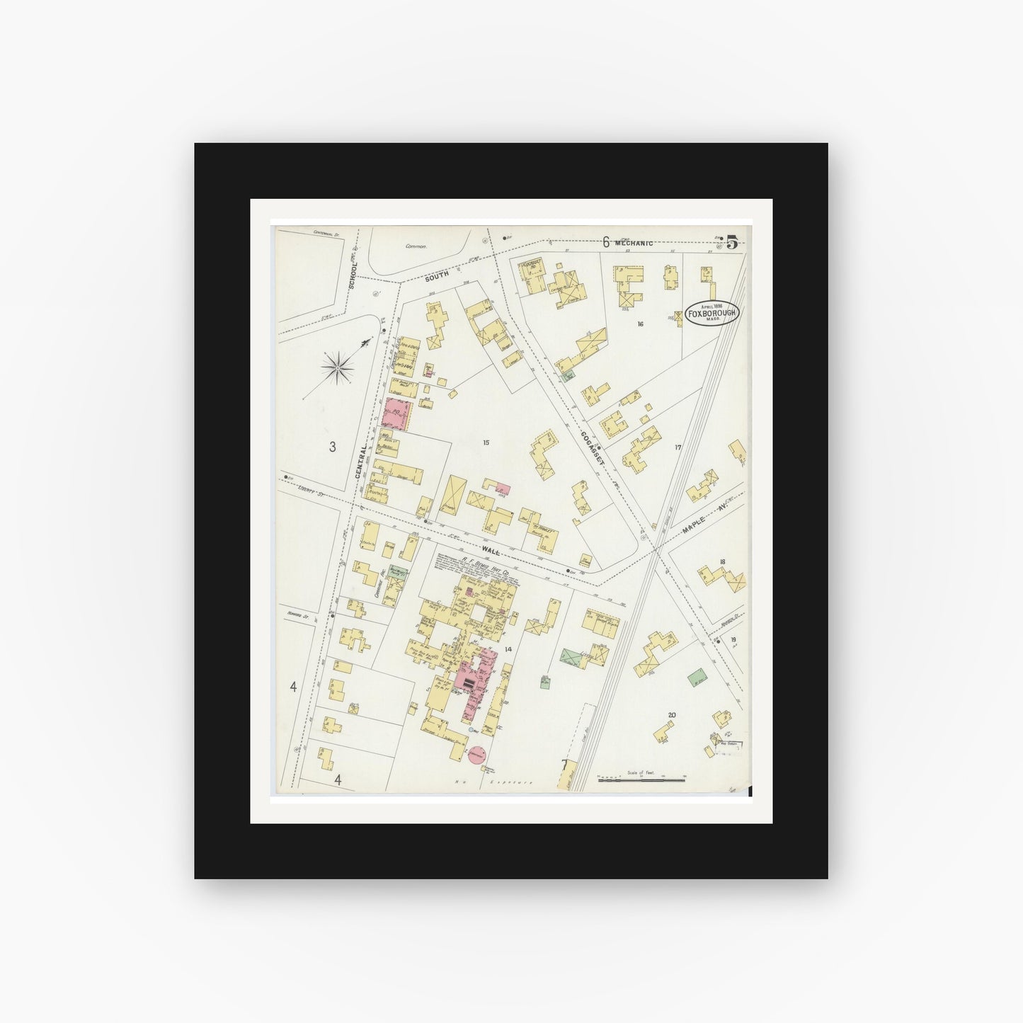Old map wall art mockup — black gallery frame with white mat — Sanborn Fire Insurance Map from Foxboro, Norfolk County, Massachusetts (1898), Sheet #0005