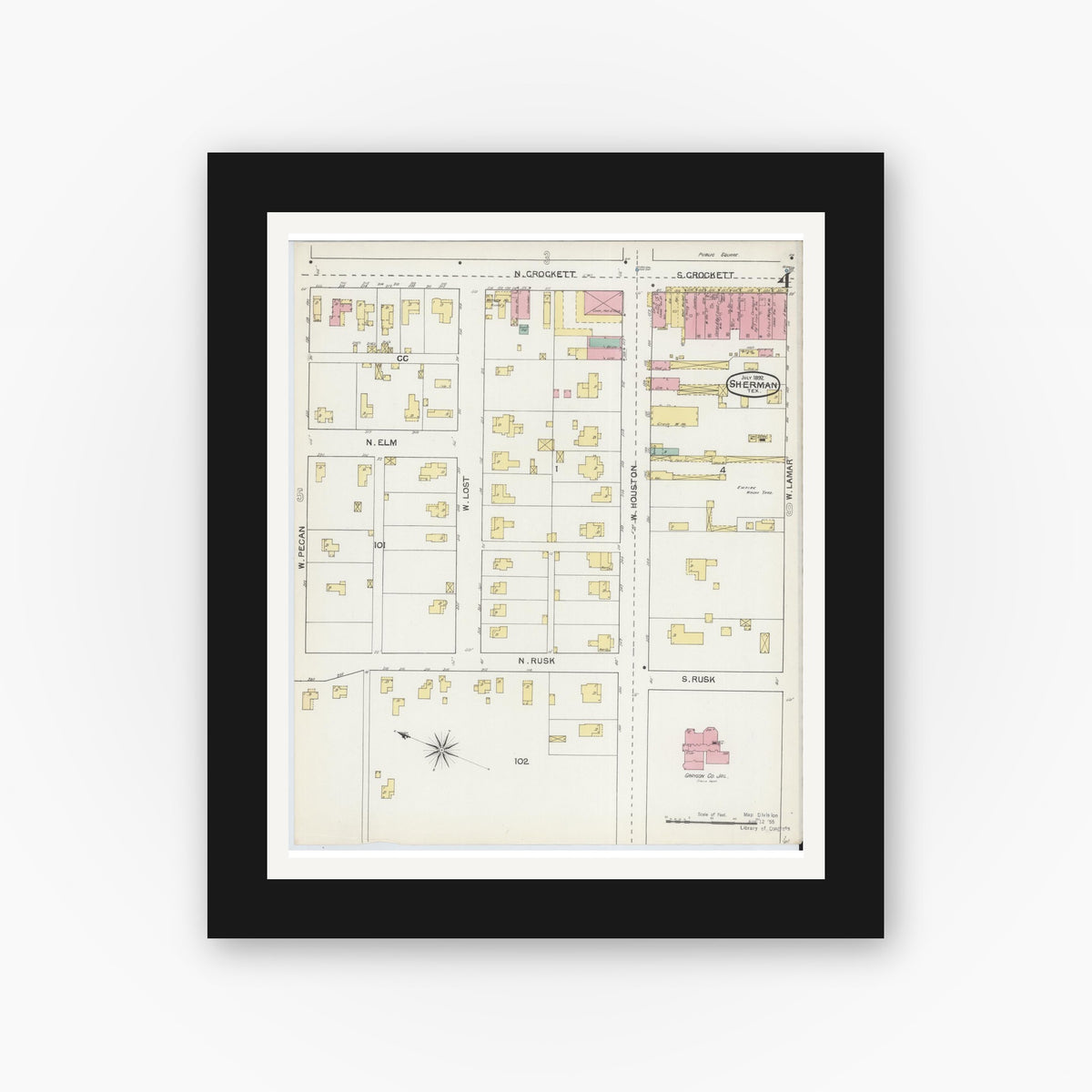 Old map wall art mockup — black gallery frame with white mat — Sanborn Fire Insurance Map from Sherman, Grayson County, Texas (1892), Sheet #0004
