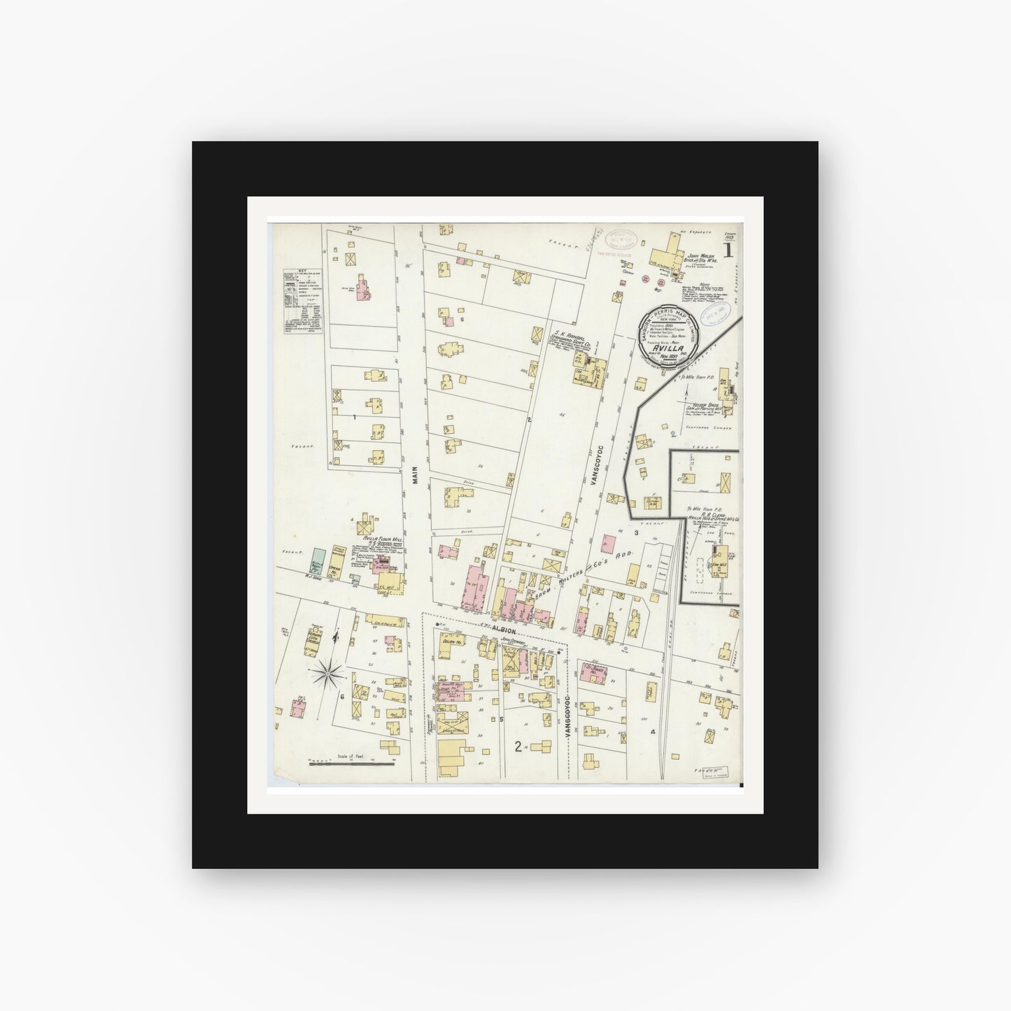Old map wall art mockup — black gallery frame with white mat — Sanborn Fire Insurance Map from Avilla, Noble County, Indiana (1897) - Complete Map Set