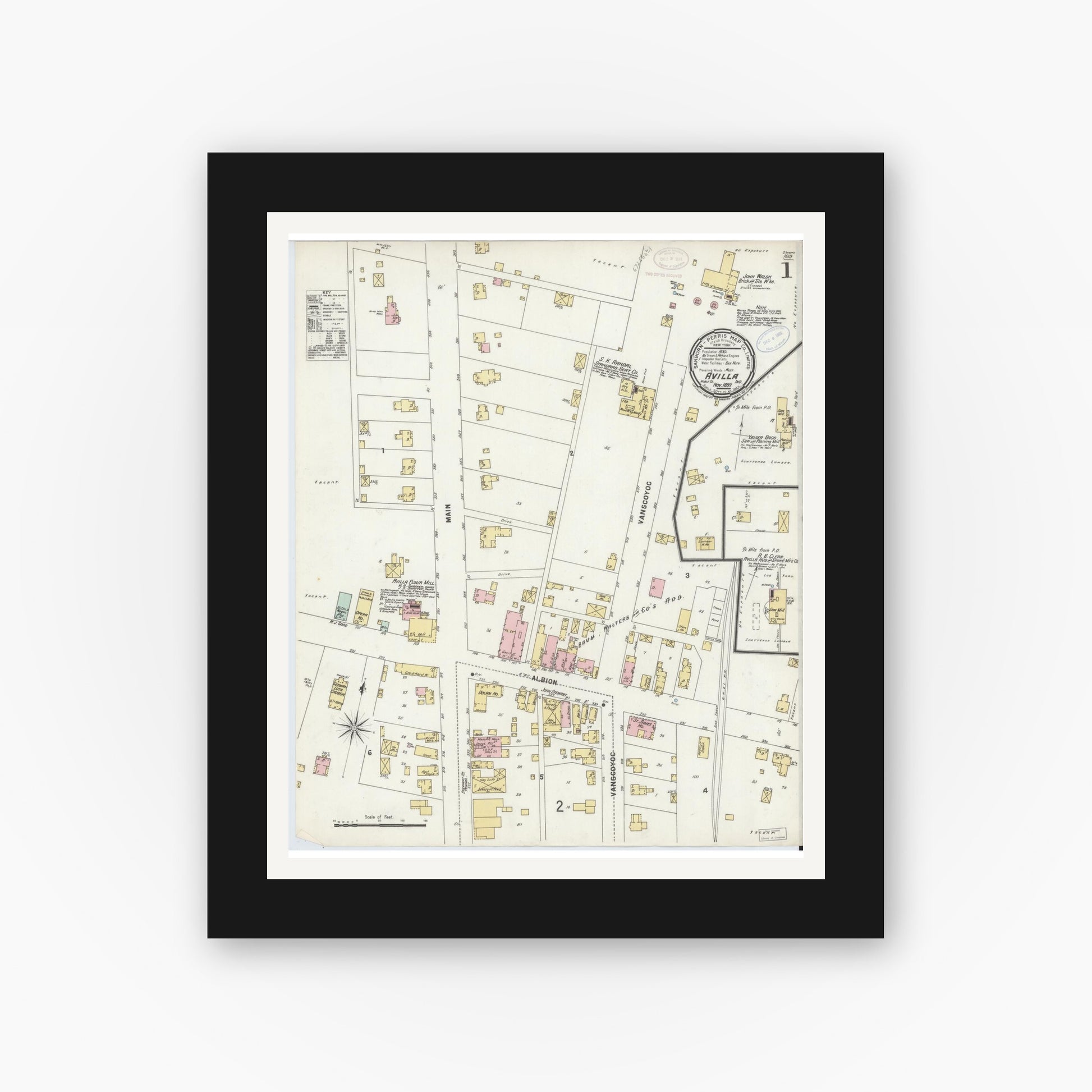 Old map wall art mockup — black gallery frame with white mat — Sanborn Fire Insurance Map from Avilla, Noble County, Indiana (1897) - Complete Map Set