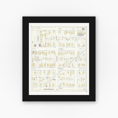Old map wall art mockup — black gallery frame with white mat — Sanborn Fire Insurance Map from Lincoln, Logan County, Illinois (1909), Sheet #0012