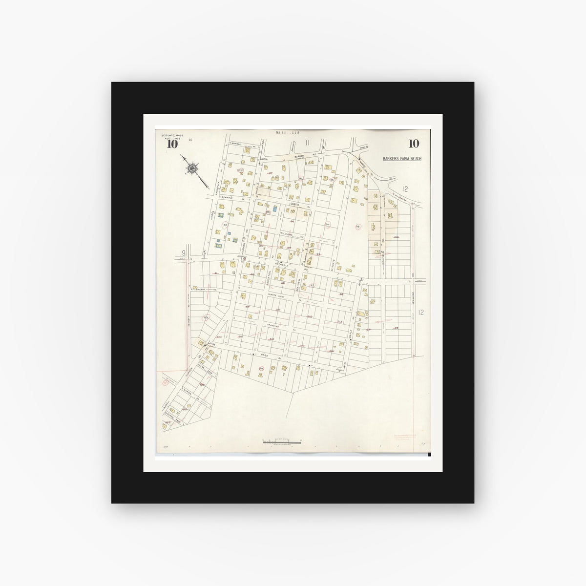 Old map wall art mockup — black gallery frame with white mat — Sanborn Fire Insurance Map from Scituate, Plymouth County, Massachusetts (1944), Sheet #0010