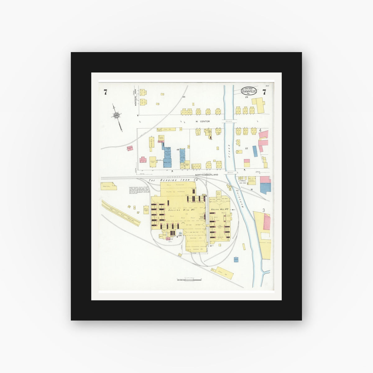 Old map wall art mockup — black gallery frame with white mat — Sanborn Fire Insurance Map from Danville, Montour County, Pennsylvania (1930), Sheet #0007