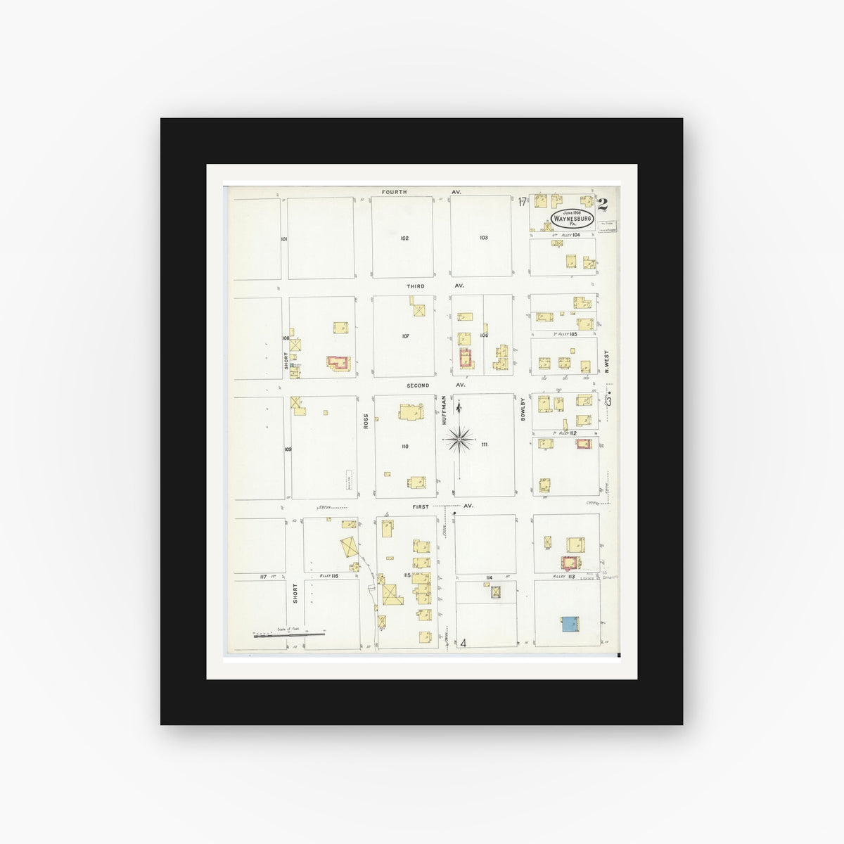 Old map wall art mockup — black gallery frame with white mat — Sanborn Fire Insurance Map from Waynesburg, Greene County, Pennsylvania (1908), Sheet #0002