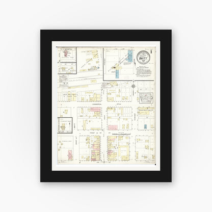 Old map wall art mockup — black gallery frame with white mat — Sanborn Fire Insurance Map from Britt, Hancock County, Iowa (1914) â€” Complete Set
