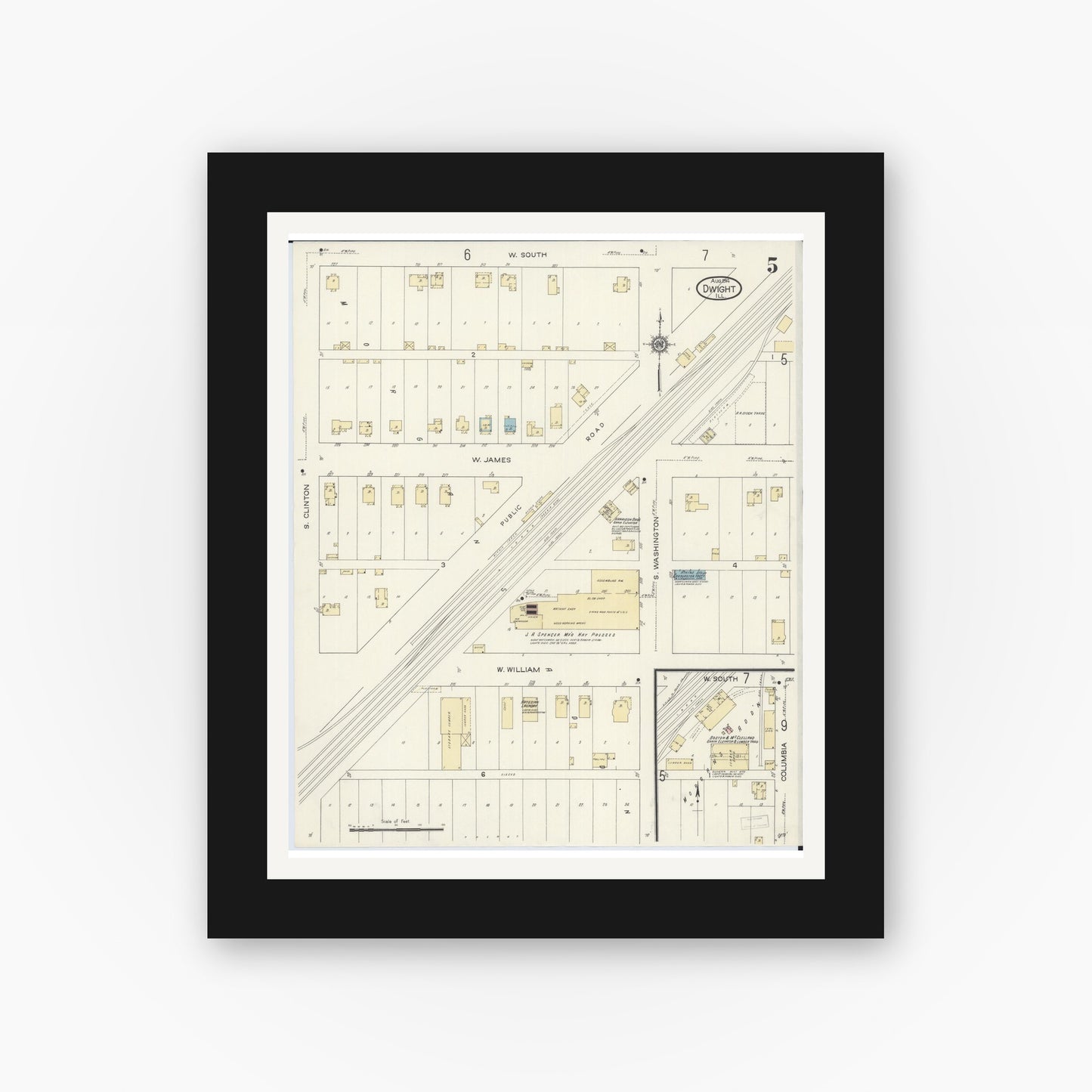 Old map wall art mockup — black gallery frame with white mat — Sanborn Fire Insurance Map from Dwight, Livingston County, Illinois (1914), Sheet #0005