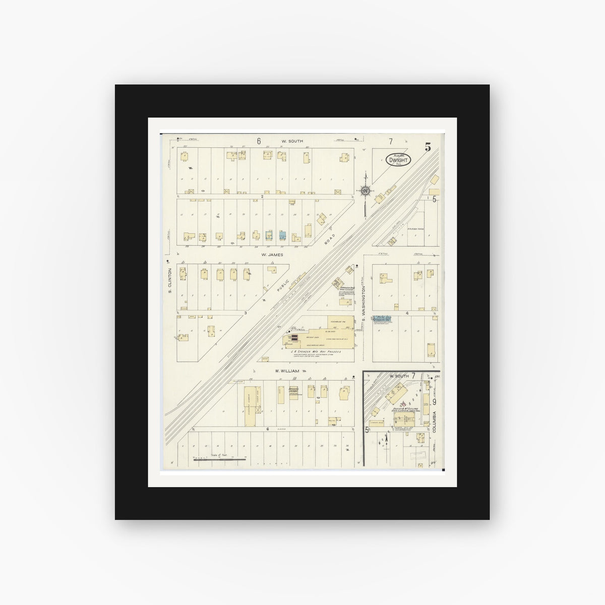 Old map wall art mockup — black gallery frame with white mat — Sanborn Fire Insurance Map from Dwight, Livingston County, Illinois (1914), Sheet #0005