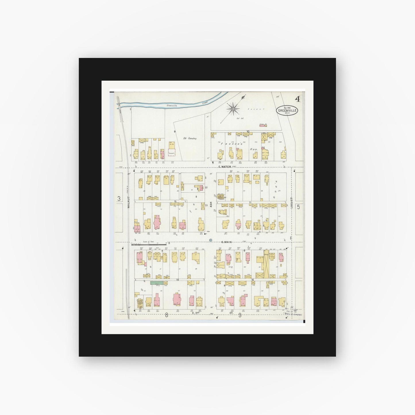 Old map wall art mockup — black gallery frame with white mat — Sanborn Fire Insurance Map from Greenville, Darke County, Ohio (1898), Sheet #0004
