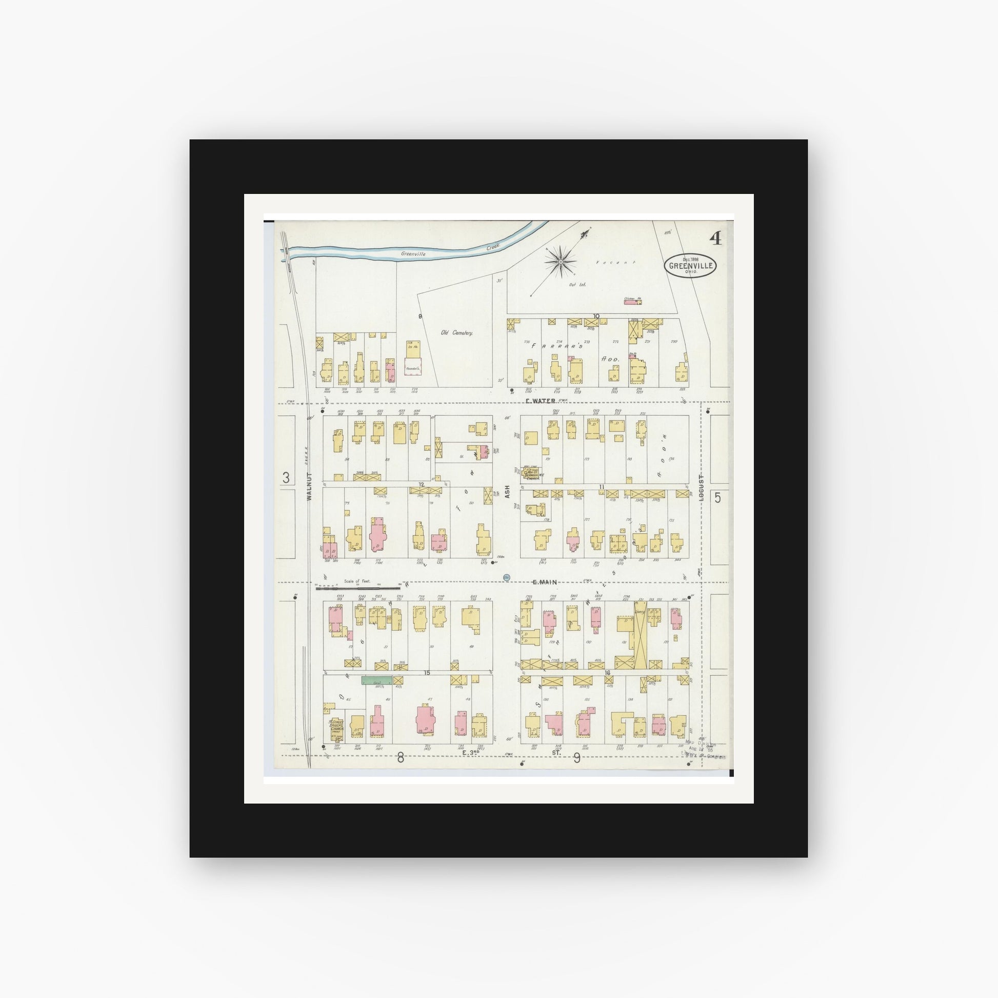 Old map wall art mockup — black gallery frame with white mat — Sanborn Fire Insurance Map from Greenville, Darke County, Ohio (1898), Sheet #0004