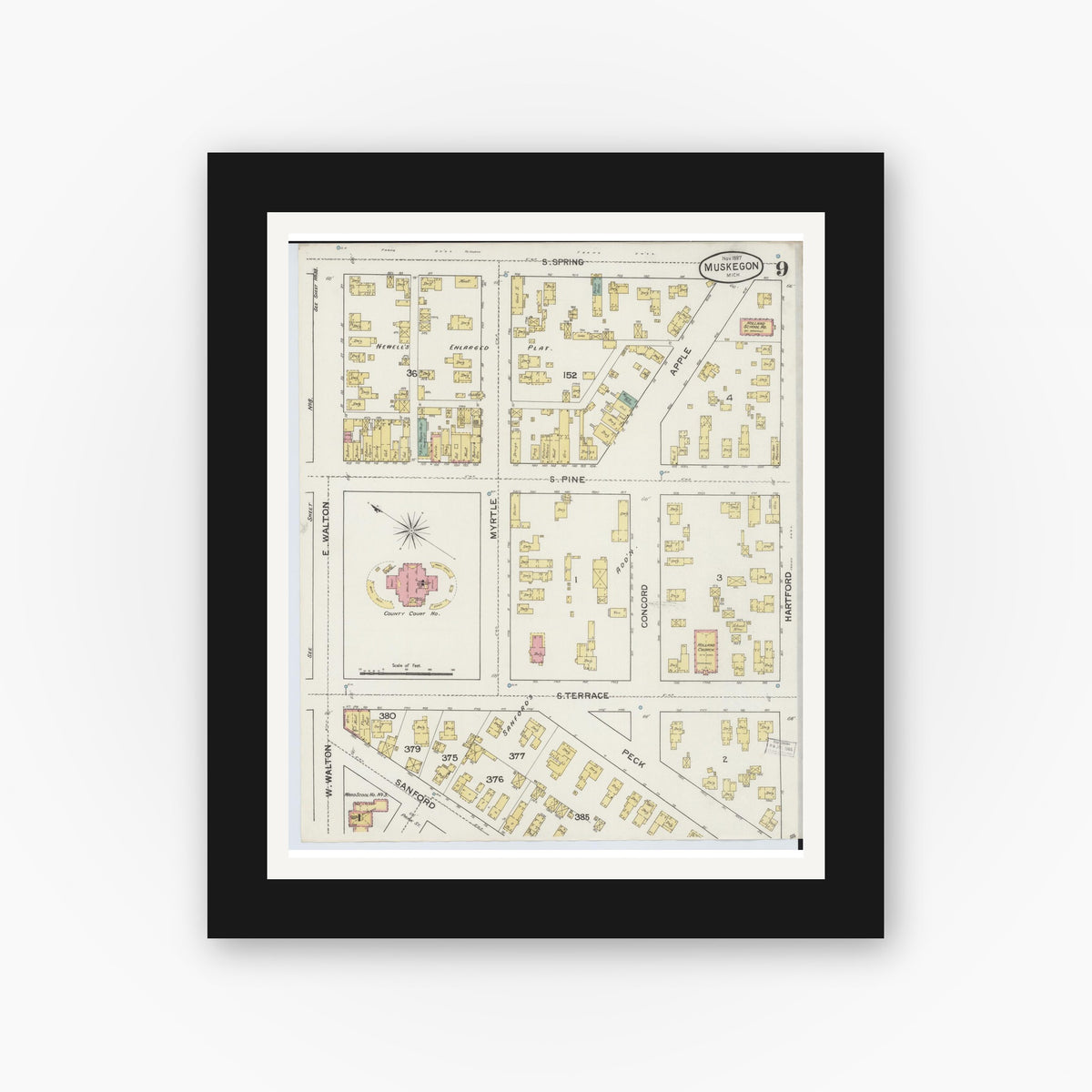 Old map wall art mockup — black gallery frame with white mat — Sanborn Fire Insurance Map from Muskegon, Muskegon County, Michigan (1887), Sheet #0009