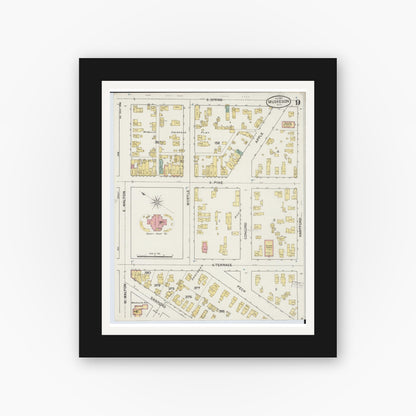 Old map wall art mockup — black gallery frame with white mat — Sanborn Fire Insurance Map from Muskegon, Muskegon County, Michigan (1887), Sheet #0009