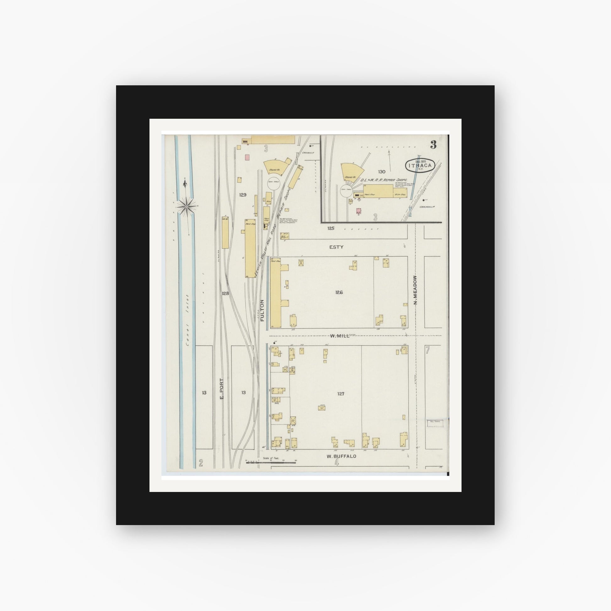 Old map wall art mockup — black gallery frame with white mat — Sanborn Fire Insurance Map from Ithaca, Tompkins County, New York (1893) - Complete Map Set