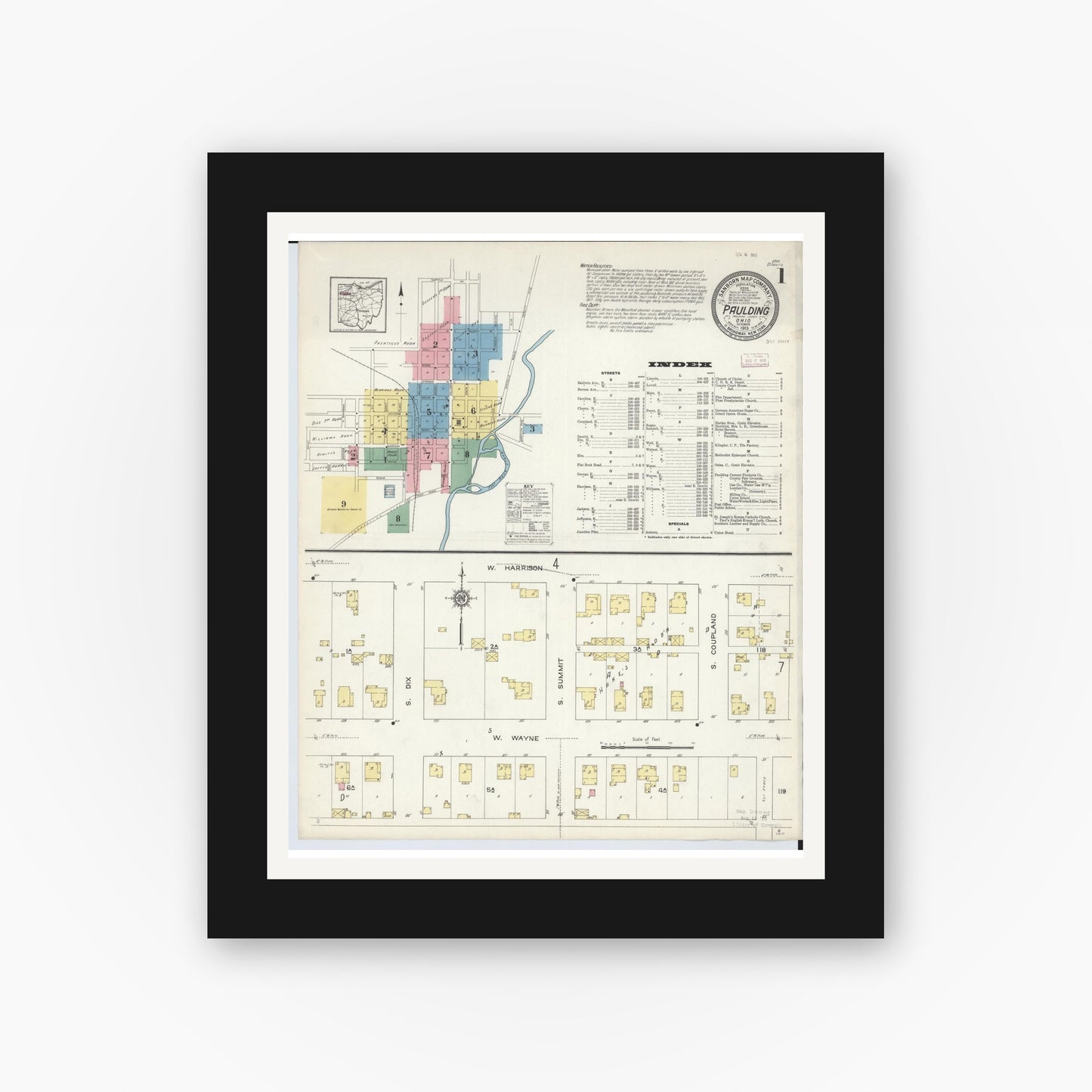 Old map wall art mockup — black gallery frame with white mat — Sanborn Fire Insurance Map from Paulding, Paulding County, Ohio (1913), Sheet #0001